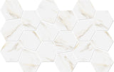 Hexa Mega Air Calacatta Gold Matte Marble Look glass mosaic tile featuring a large hexagon pattern, marble-inspired white tones, and gold accents for swimming pools, pool waterlines, kitchen backsplashes, bathroom backsplashes, shower walls, and decorative accent walls.