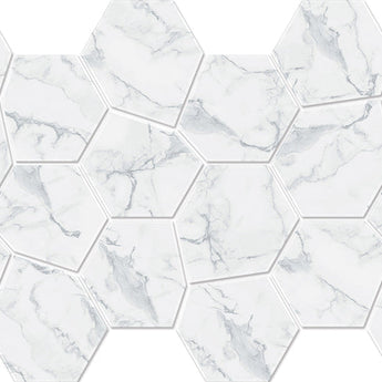 Hexa Mega Air Calacatta Matte Marble Look glass mosaic tile featuring a large hexagon pattern and marble-inspired white tones for swimming pools, pool waterlines, kitchen backsplashes, bathroom backsplashes, shower walls, and decorative accent walls.