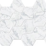 Hexa Mega Air Calacatta Matte Marble Look glass mosaic tile featuring a large hexagon pattern and marble-inspired white tones for swimming pools, pool waterlines, kitchen backsplashes, bathroom backsplashes, shower walls, and decorative accent walls.
