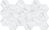 Hexa Mega Air Calacatta Matte Marble Look glass mosaic tile featuring a large hexagon pattern and marble-inspired white tones for swimming pools, pool waterlines, kitchen backsplashes, bathroom backsplashes, shower walls, and decorative accent walls.