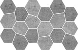 Hexa Mega Air Concrete Blend Dark matte glass mosaic tile featuring a large hexagon pattern and dark concrete-inspired tones for swimming pools, pool waterlines, kitchen backsplashes, bathroom backsplashes, shower walls, and decorative accent walls.