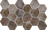 Hexa Mega Air Slate matte glass mosaic tile featuring a large hexagon pattern and slate-inspired tones for swimming pools, pool waterlines, kitchen backsplashes, bathroom backsplashes, shower walls, and decorative accent walls.