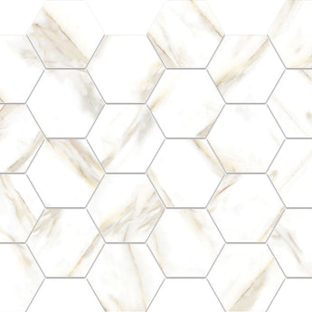 Hexa Mega Calacatta Look Gold matte glass mosaic tile featuring a hexagon pattern, marble-inspired white tones, and gold accents for swimming pools, pool waterlines, kitchen backsplashes, bathroom backsplashes, shower walls, and accent walls.