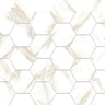 Hexa Mega Calacatta Look Gold matte glass mosaic tile featuring a hexagon pattern, marble-inspired white tones, and gold accents for swimming pools, pool waterlines, kitchen backsplashes, bathroom backsplashes, shower walls, and accent walls.