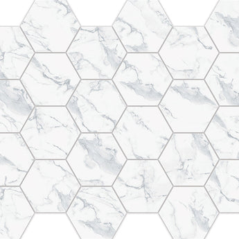 Hexa Mega Calacatta Look matte glass mosaic tile featuring a hexagon pattern and marble-inspired white tones for swimming pools, pool waterlines, kitchen backsplashes, bathroom backsplashes, shower walls, and accent walls.