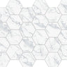 Hexa Mega Calacatta Look matte glass mosaic tile featuring a hexagon pattern and marble-inspired white tones for swimming pools, pool waterlines, kitchen backsplashes, bathroom backsplashes, shower walls, and accent walls.