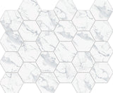 Hexa Mega Calacatta Look matte glass mosaic tile featuring a hexagon pattern and marble-inspired white tones for swimming pools, pool waterlines, kitchen backsplashes, bathroom backsplashes, shower walls, and accent walls.
