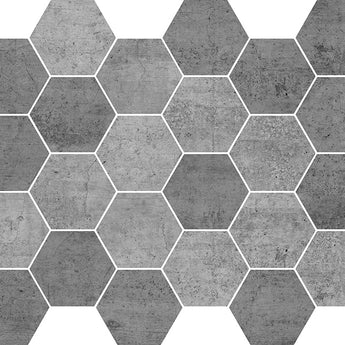 Hexa Mega Concrete Blend Dark matte glass mosaic tile featuring a hexagon pattern and concrete-inspired dark tones for swimming pools, waterlines, kitchen backsplashes, bathroom backsplashes, shower walls, and accent walls.
