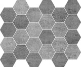 Hexa Mega Concrete Blend Dark matte glass mosaic tile featuring a hexagon pattern and concrete-inspired dark tones for swimming pools, waterlines, kitchen backsplashes, bathroom backsplashes, shower walls, and accent walls.