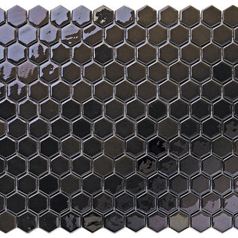 Hexa Midnight Blue glass mosaic tile featuring 1.2 x 1.3 inch hexagon chips and deep blue tones for swimming pools, pool waterlines, kitchen backsplashes, bathroom backsplashes, shower walls, and decorative accent walls.