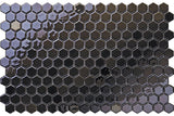 Hexa Midnight Blue glass mosaic tile featuring 1.2 x 1.3 inch hexagon chips and deep blue tones for swimming pools, pool waterlines, kitchen backsplashes, bathroom backsplashes, shower walls, and decorative accent walls.