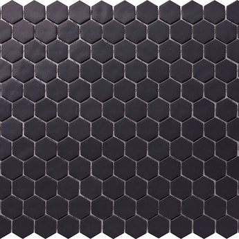 Hexa Neostone Black matte glass mosaic tile featuring a hexagon pattern and matte black finish for swimming pools, pool waterlines, spas, kitchen backsplashes, bathroom backsplashes, shower walls, and decorative accent walls.
