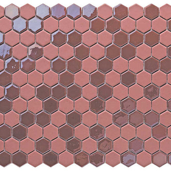 Hexa Neostone Blend Artistic Pink glass mosaic tile featuring a hexagon pattern and artistic pink tones for swimming pools, pool waterlines, spas, kitchen backsplashes, bathroom backsplashes, shower walls, and decorative accent walls.