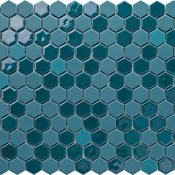 Hexa Neostone Blend Artistic Turquoise glass mosaic tile featuring a hexagon pattern and vibrant turquoise tones for swimming pools, pool waterlines, spas, kitchen backsplashes, bathroom backsplashes, shower walls, and accent walls.