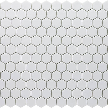 Hexa Neostone White matte glass mosaic tile featuring a hexagon pattern and white stone-inspired tones for swimming pools, pool waterlines, kitchen backsplashes, bathroom backsplashes, shower walls, and decorative accent walls.