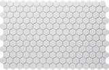 Hexa Neostone White matte glass mosaic tile featuring a hexagon pattern and white stone-inspired tones for swimming pools, pool waterlines, kitchen backsplashes, bathroom backsplashes, shower walls, and decorative accent walls.