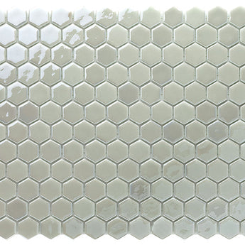 Hexa Ocean and Ice glass mosaic tile featuring 1.2 x 1.3 inch hexagon chips and ocean blue tones for swimming pools, pool waterlines, kitchen backsplashes, bathroom backsplashes, shower walls, and decorative accent walls.