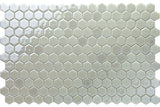 Hexa Ocean and Ice glass mosaic tile featuring 1.2 x 1.3 inch hexagon chips and ocean blue tones for swimming pools, pool waterlines, kitchen backsplashes, bathroom backsplashes, shower walls, and decorative accent walls.