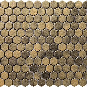 Hexa Sugar Antique Gold matte glass mosaic tile featuring a hexagon pattern and warm antique gold tones for swimming pools, pool waterlines, kitchen backsplashes, bathroom backsplashes, shower walls, and decorative accent walls.