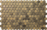 Hexa Sugar Antique Gold matte glass mosaic tile featuring a hexagon pattern and warm antique gold tones for swimming pools, pool waterlines, kitchen backsplashes, bathroom backsplashes, shower walls, and decorative accent walls.