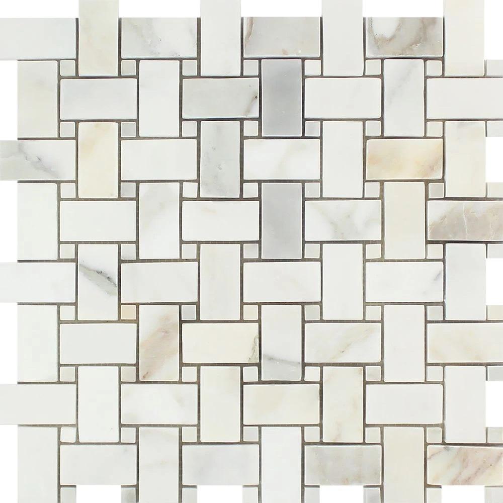 Calacatta Gold Honed Marble Basketweave Mosaic Tile w/ Calacatta Gold Dots.