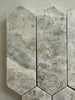 Honed Silver Travertine mosaic tile installed on a bathroom feature wall