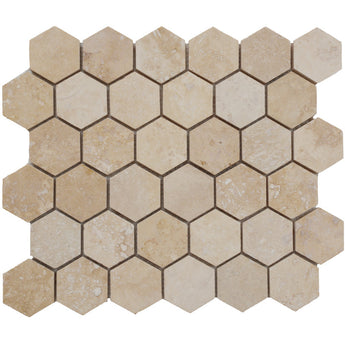 Ivory Travertine 2x2 Hexagon Honed Mosaic Tile - MosaicBros.com