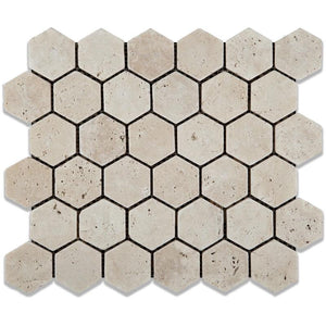 Ivory Travertine 2x2 Hexagon Tumbled Mosaic Tile