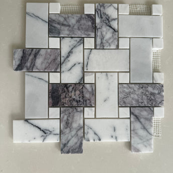 Lilac Marble Large Basketweave Mosaic Tile with White Dot accents and natural gray veining