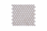 Limestone penny round honed mosaic tile sheet by Mythology Tile, showcasing smooth, rounded natural stone tiles for decorative surfaces.