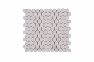 Limestone penny round honed mosaic tile sheet by Mythology Tile, showcasing smooth, rounded natural stone tiles for decorative surfaces.
