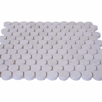 Limestone Penny Round Honed Mosaic Tile by Mythology Tile, showing smooth, rounded limestone tiles arranged in a mosaic pattern.