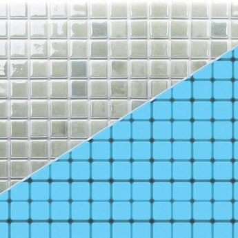 Luminous Ocean and Ice Blue pool-grade glass mosaic tile featuring ocean blue and ice blue tones for swimming pools, pool waterlines, spas, fountains, kitchen backsplashes, bathroom backsplashes, shower walls, and decorative accent walls.