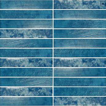 Natural Sapphire 12x12 stacked mosaic tile by Roca, showcasing a vibrant glass and stone tile pattern for interior surfaces.