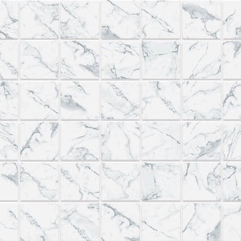 Modena Vogue Calacatta Look matte glass mosaic tile featuring white marble-inspired tones for swimming pools, waterlines, shower walls, backsplashes, and decorative accent installations.