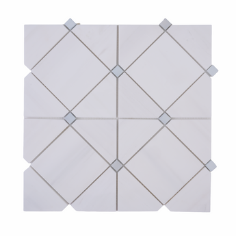 Mona Dolomite blue dot polished marble mosaic tile by Mythology Tile, showcasing a detailed mosaic pattern with vibrant blue accents.