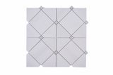 Mona Dolomite blue dot polished marble mosaic tile by Mythology Tile, showcasing a detailed mosaic pattern with vibrant blue accents.