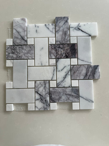 Luxury basketweave marble mosaic featuring lilac-gray veining and white dot details