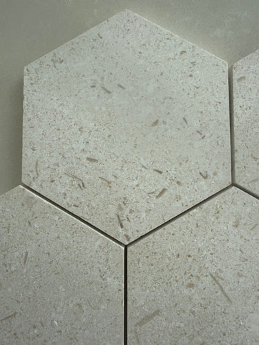 Natural shellstone 6-inch hexagon mosaic tile with honed finish