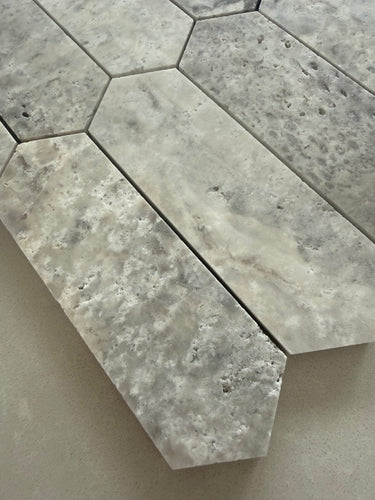 Premium Silver Travertine mosaic tile for shower walls and decorative accents
