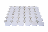 White marble mosaic tile with green dot accents and honed finish from Mythology Tile's Nestor series.