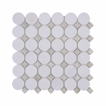 Close-up of Mythology Tile Nestor White with Green Dot and Dolomite Honed Marble Mosaic Tile showing detailed pattern and texture.