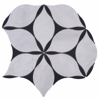 North Star White and Nero Waterjet Honed Marble Mosaic Tile by Mythology Tile, close-up of gray and white marble mosaic pattern