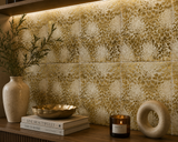 Gold and white matte marble mosaic sheet featuring small square tiles, by Mythology Tile, perfect for elegant wall or floor designs.