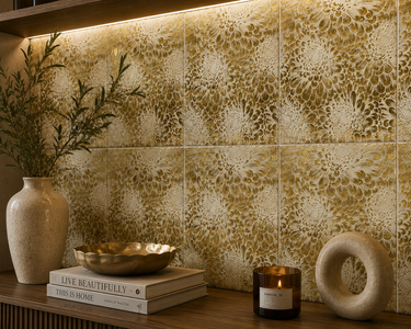Gold and white matte marble mosaic sheet featuring small square tiles, by Mythology Tile, perfect for elegant wall or floor designs.