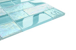Crystal Aqua Osaka Maldives Green multangular glass mosaic tile installed on a bathroom shower wall with aqua and turquoise tones and geometric styling.