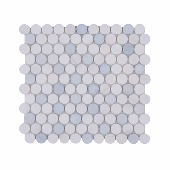 Blue and dolomite honed marble penny round mosaic tile by Mythology Tile, showcasing smooth, circular stone pieces for elegant surfaces.