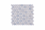 Blue and dolomite honed marble penny round mosaic tile by Mythology Tile, showcasing smooth, circular stone pieces for elegant surfaces.