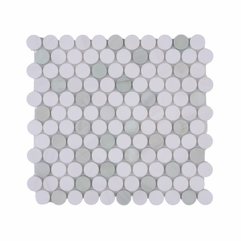Green and beige penny round marble mosaic tile with honed finish by Mythology Tile, showcasing intricate pattern and smooth surface.