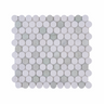 Green and beige penny round marble mosaic tile with honed finish by Mythology Tile, showcasing intricate pattern and smooth surface.